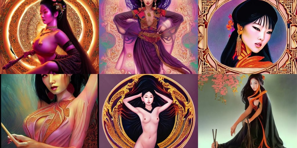 beautiful oriental woman, 1289619819, caustics, by Kelly Sue Deconnick, the divine feminine, art by Tony Sart and artgerm and randy vargas, pastel pink and orange skin tones, dark beauty, wizard greg overlord, dramatic holding ornate cane pose, catlike features, abyss, engraved, trending pixiv, artem demura, andrej pejic, going down the stairs with stars and hanging silk drapery, sharp focus on eyes, very detailed painting by Joao Ruas