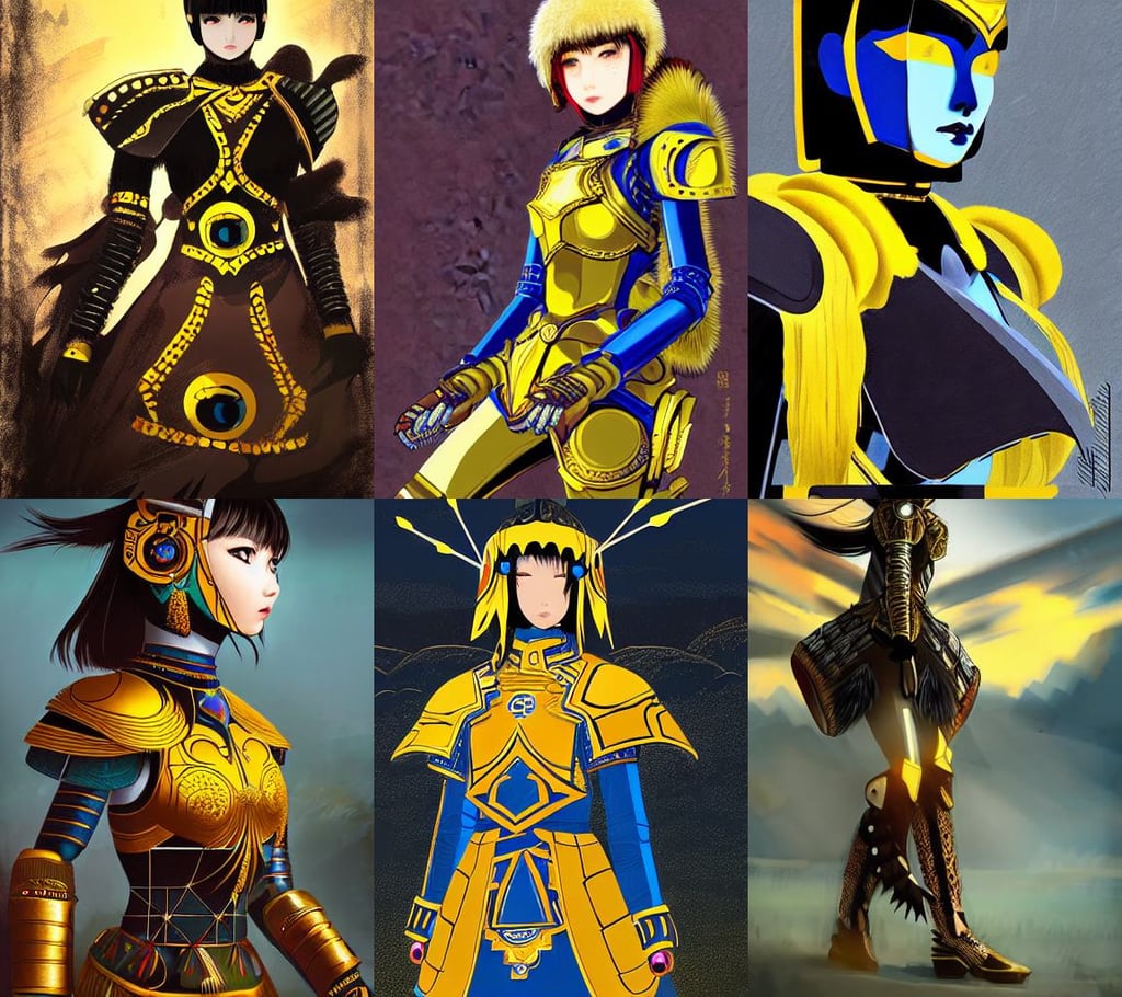 Gorgeous armor mongolian warrior girl by ilya kuvshinov, Sharp focus, flock of brown black blue birds, multidimensional, yellow eye, robotech styling