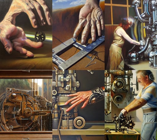 Mechanical hands are the ruler of everything by James Gurney, oil on canvas