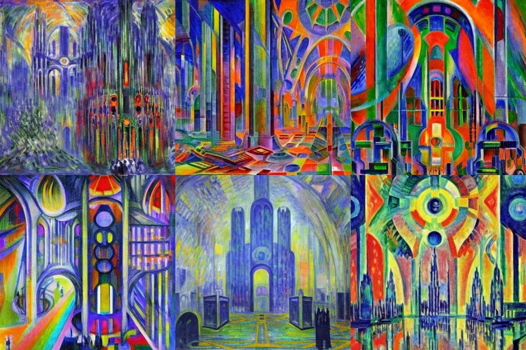 A cyberpunk cathedral by Robert Delaunay and Claude Monet, oil on canvas