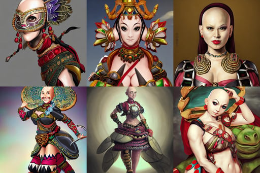 painting of a bald woman, smug, large turtle shell shield, tribal mask and jewelry, peter paul rubens, game assets, high heels. Anime style at Pixiv, by Chen Uen