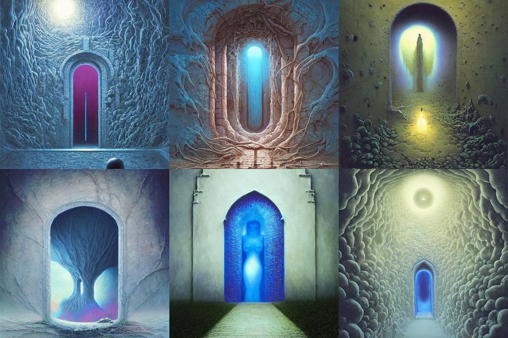 ethereal mystery portal, art by zdzistaw beksinski, the new love, white and little royal blue Italian architecture theme, art by artgerm, exotic god features