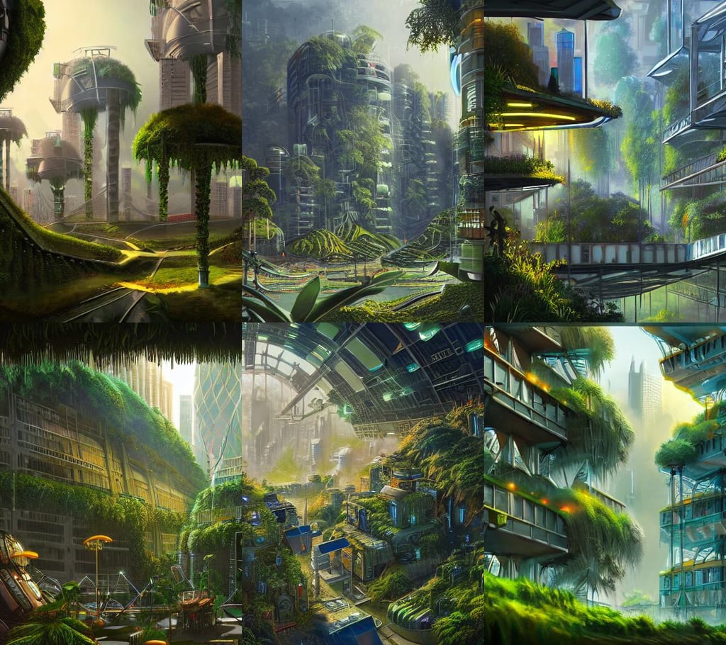 Solarpunk city with lush greenery and glowing sun