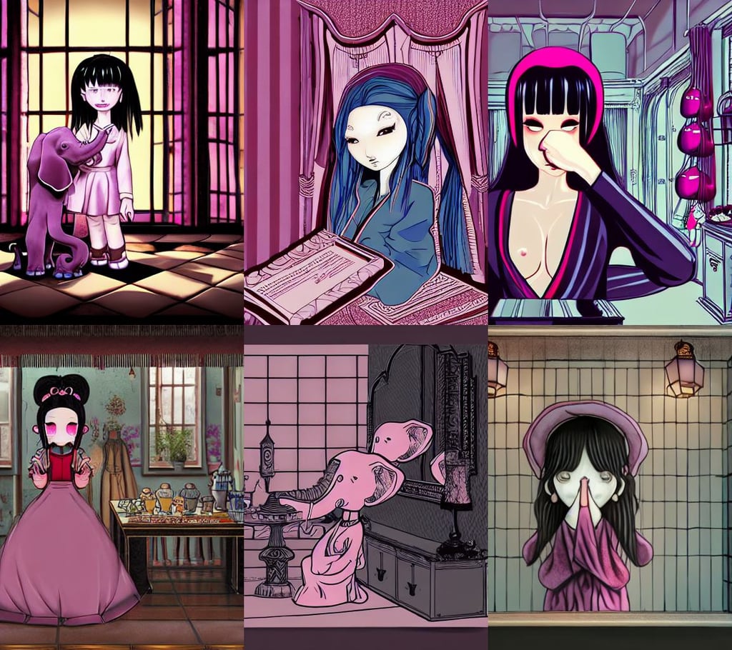 cell shaded cartoon of an stunned elephant in a porcelain shop, vampire theme, in the style of gregory crewdson, long flowing intricate black dress, intricate scenery, side angle, ( in future shibuya japan night ), dark evil robes, octane render and unreal engine 5, cute beauty complex portrait anime sad schoolgirl under dark pink and blue tones, by deviantart