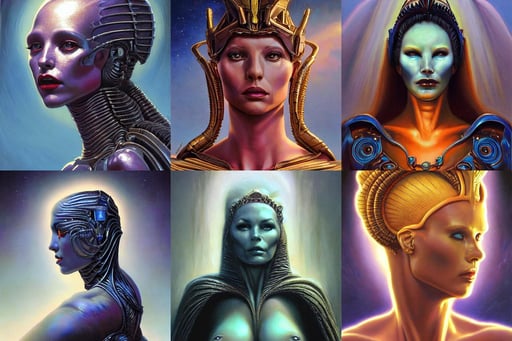 cinematic bust portrait of elegant female extraterrestial queen, head and chest only, exotic alien features, by Tim Hildebrandt, by Wayne Barlowe, by Bruce Pennington, by donato giancola, by hr giger, oil on canvas, masterpiece, trending on artstation, featured on pixiv, cinematic composition, dramatic pose, beautiful lighting, sharp, details, hyper-detailed, HD, HDR, 4K, 8K