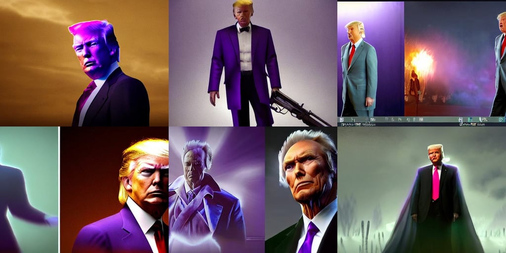 an old photo of donald trump playing the role of clint eastwood, guy using purple light fancy suit, stunning 3d render inspired art by István Sándorfi and Greg Rutkowski and Unreal Engine, faint smile dark lipstick, highly saturated colors, full body white purple cloak, by yee chong silverfox, serenity, ( golden ratio )