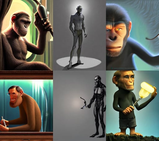 steve jobs animation pixar style, planet of the apes highly detailed concept art, art piece frame, glowing lights!! sci - fi, holding a pipe, underwater plants