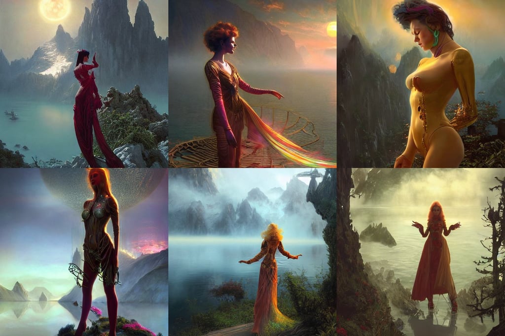 a photo of 8 k ultra realistic golden humanoid princess standing next to a beautiful view, dark sci-fi, there was a lake, colorful fog and smoke emerges from the boiler, art by tian zi and craig mullins and  WLOP and alphonse mucha, detailed crimson moon, Nigredo, despair, a majestic woman in a futuristic cyber clothing