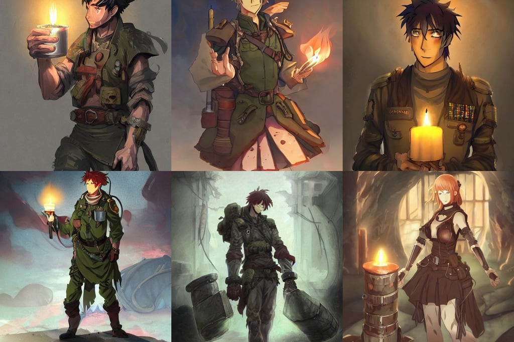 ancient scorceress, anime key visual full body portrait character concept art, lantern candle, ruggedly handsome dieselpunk man in military fatigues || VERY VERY ANIME!!!, by raphael, sweaty and gross pioneer work, in a burning coffee shop. ultra-detailed. Anime, amazing piece, highly detailed digital painting