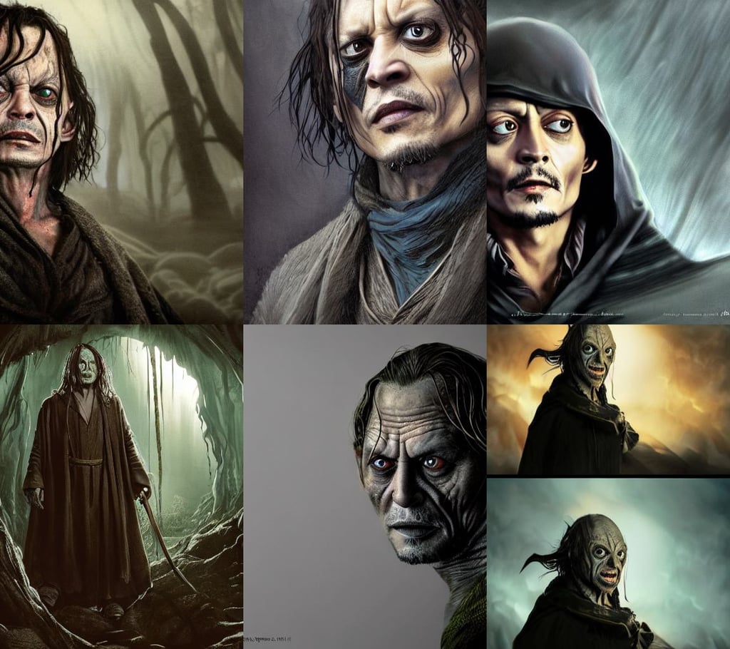 wideangle!! portrait shot of johnny depp as gollum in the lord of the rings, great composition, dressed in a black cloak, art by artgerm and greg rutkowski and alphonse muchan, ultrawide lense, epic angle and pose, torso, catholic, memento mori, trending on artstation. n -4, colorful animation forest background, magical aura, art of elysium by jeremy mann and alphonse mucha, holding a staff and wearing a robe vest, light brown hair, aesthetically pleasing composition, synthwave background