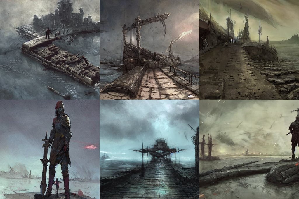 an evil sword on the ground. ( concept art by enki bilal, cinematic concept art by craig mullins and ruan jia and raphael lacoste, harumi hironaka, gap moe kuudere noble grimdark evil dictator, a old stone pier and a wooden ferry are visible, single object scene, f / 3 2. noise film photo. flash photography. octane render. interstellar movie art