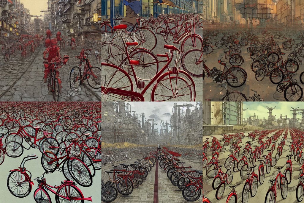 thousands of bicycles parked, art by miyazaki and Ian McQue and Akihiko Yoshida and Katsuya Terada, red oil, Full body image, art by Tiziano Vecellio Di Gregorio