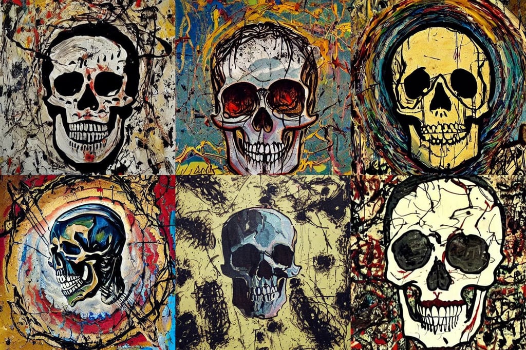 skull travis scott style, art by Jackson Pollock, Old Building, Baroque Architecture