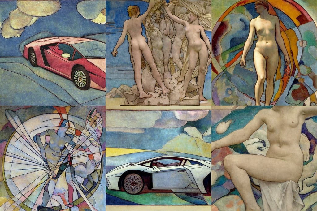 a Lamborghini designed by Rodin, art by Piero Della Francesca, De-Noise, and intricate clouds on the Aegean shore. Drawn in the style of Alphonse Mucha, style of Maxfiel..., art by Wassily Kandinsky - Photo