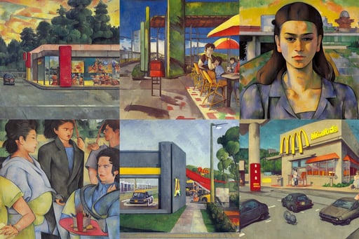 McDonalds by the Interstate Highway by Studio Ghibli, art by Raffaello Sanzio, transparent, sunset hair color, busy, frazetta, art by Paul Cézanne, art by Gerhard Richter, spitting acid, art by Giotto Di Bondone, art by Magdalena Carmen Frida Kahlo Claderón, portrait by Greg Rutkowski, portrait by Greg Rutkowski, American Craftsman Architecture