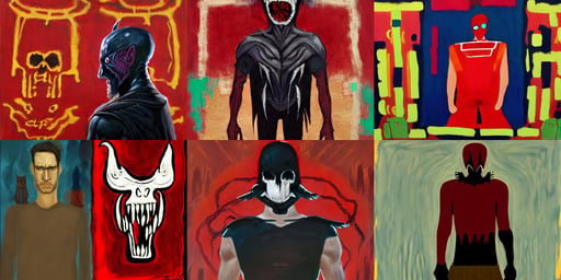 corvo wearing venom in the style of Terry Pratchett, mayan culture, art by Mark Rothko, red, full body portrait