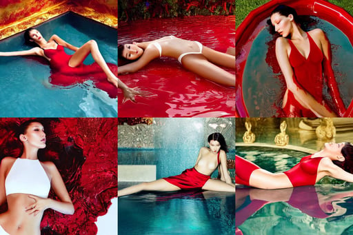 Bella Hadid full body laying in a blood red pool of water between a golden mirror frame, breath taking beautiful, post-processing, white and multicolored hair