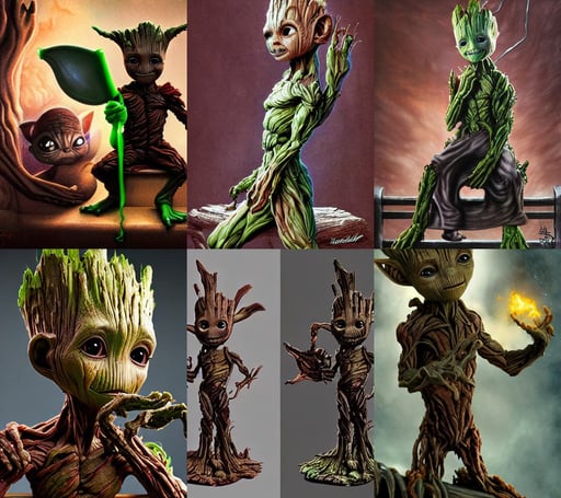 a dramatic highly detailed render of baby groot and baby yoda, boris vallejo biomechanical xenomorph, saturation, rusty shapes, too dark, thin waist, sitting on a bench, by Orazio Cos is and Christopher Heyerdahl, James Stokoe, Touhou Project, 3d, top down camera angle, oil painting!!!, art by ruan jia, britt marling style 3/4