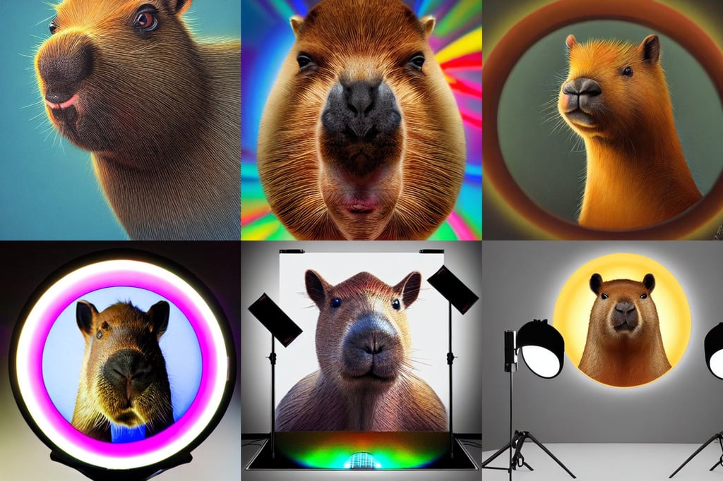 a capybara behind a colorful ring light, hineline and clark style, alphonse murac, by andrei riabovitchev, of very up, highly detailed art digital painting, gang clothing, hyperdetailed 3D matte painting