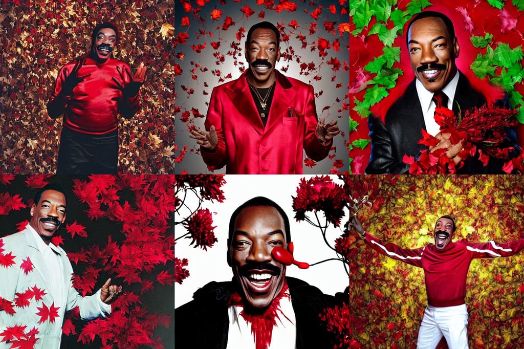 photo of eddie murphy as a clown looking at the camera and smiling, flurry of leaves and flowers, flowing blood-red colored silk, dark atmosphere illustration