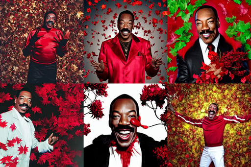 photo of eddie murphy as a clown looking at the camera and smiling, flurry of leaves and flowers, flowing blood-red colored silk, dark atmosphere illustration