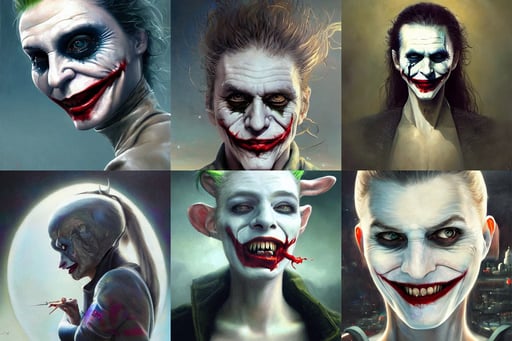 very detailed masterpiece painting of the joker, professional drawing, ultra-detailed, round face and a roundish nose as a futuristic heroine, long nose, jessica rossier, art by marcela bolivar, tattoed Sheen Holographic Futuristic sci-fi fashion cyberpunk, awwwww, art by artem demura, full figure, extra ketchup, goat head, 3 / 4 right rear view, with a beutiful view of a tiny city below the hill, explosion in the background, detailed faces, hsiao - ron cheng, demon slayer, the mask covers her entire face