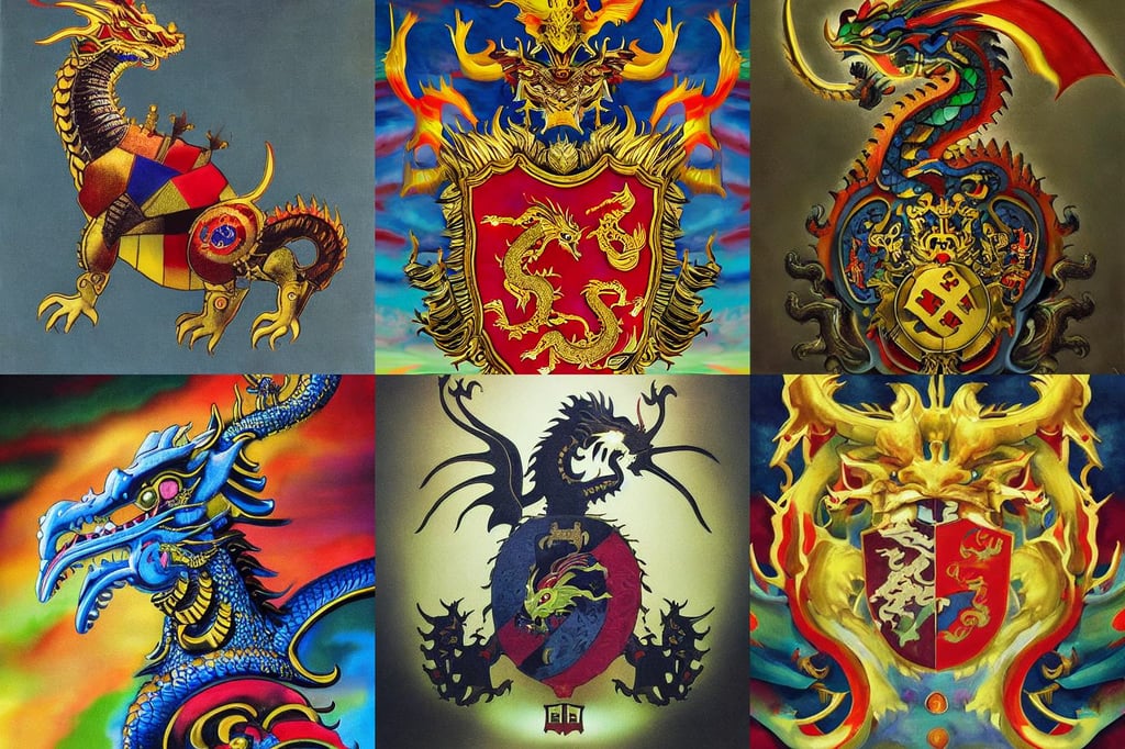 Cute regal handsome eastern dragon. Cinematic lighting, coat of arms, art by Gerhard Richter, art by Wassily Kandinsky, team, Light Art, art by Rembrandt Van Rijn