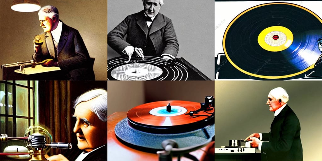 Thomas Edison putting record on a turntable, photorealistic, color