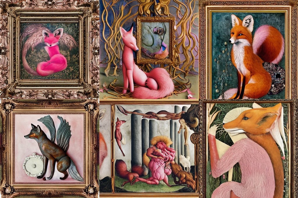 product-photography of ornate fox ritual-sculpture, intricate picture frame, centered-shot, art by Sandro Botticelli, art by Albrecht Dürer, pink, busy, daytime, textured skin, art by Hilma Af Klint