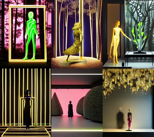 beautiful mannequin sculpted out of black glass by billelis + lit with geometric neon dripping gold + forest in background!!!, facing a doorway opening with neon pink geometric fractal light + flowering bonsai trees, transcendent, clean linework, dramatic, finely detailed, 4 k, trending on artstation, award winning, photorealistic, volumetric lighting, octane render