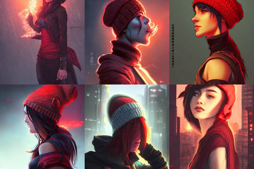 side portrait of an attractive college girl, d & d digital character illustration, dark thick smokey red fire in background, behance cyberpunk city topography, beanie, art by artgerm and greg rutkowski and bo chen and jin xiaodi, smirk, hammer