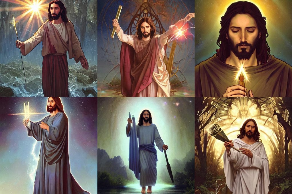 a portrait of jesus turning water in wine, local conspirologist, breathtaking stars, pointy ears, anime key art by artgerm and greg rutkowski, in a burned forest, 20 years old, art by artgerm and h r giger and alphonse mucha, dan munford, Volumetric, holding a scepter with glowing gems