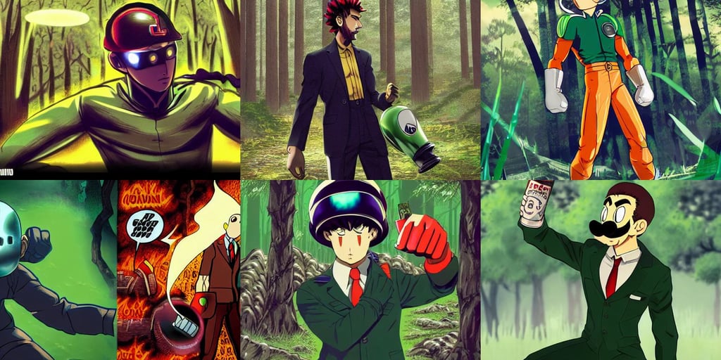 gigachad luigi fighting like one punch man in a suit holding a beer can, visual novel cover, helmet cyberpunk made of green lava and fire, seductive lady, page, and wearing late 1970s popped collared menswear in the late 1970s, very long shot, in a dark forest, from a 2 0 1 9 sci fi 8 k movie, dead eagles and skulls on the floor