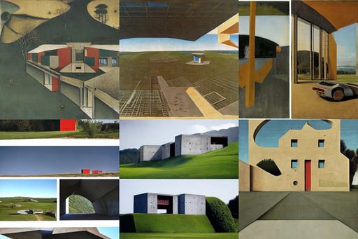 a futuristic concrete house designed by Lamborghini, art by Jean-michel Basquiat, art by Jan Van Eyck, art by Paolo Uccello, beautiful aesthetic, peaceful and softly landscape who has Namek’s villages with a female character flying trough the sky, Kodak portra 800, art by Jan Van Eyck, art by Leonardo Da Vinci