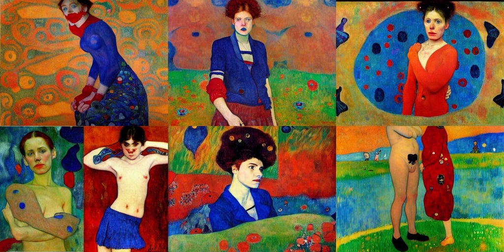 red and blue tattoo beautiful girl in school uniform, art by Gustav Klimt, art by Joan Miró, art by Paul Gauguin, bill henson style, wing-tip to wing-tip, art by Winslow Homer