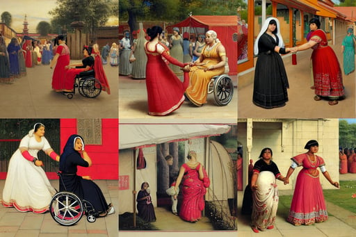 Painting of a blonde lady pushing an obese indian lady in a wheelchair, red background, by edmund blair leighton, spindly ; high detailed artwork by ilya kuvshinov ; sci - fi, gross, simple black armor, with white Kanji markings outlined in black, colossal statues, albedo from overlord, large tent - like temporary homes set up, part by cagli