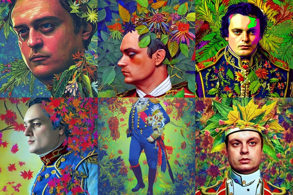 an extremely psychedelic portrait of orban viktor as napoleon, flurry of leaves and flowers, fine - face, concept art by bill sienkiwicz and john harris