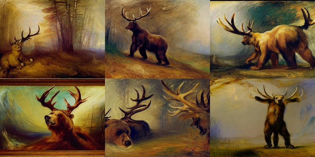 a giant bear with antlers nightmare, art by Joseph-mallord William Turner, f1.8, fashion, art by Joseph-mallord William Turner, art by Jackson Pollock, busy