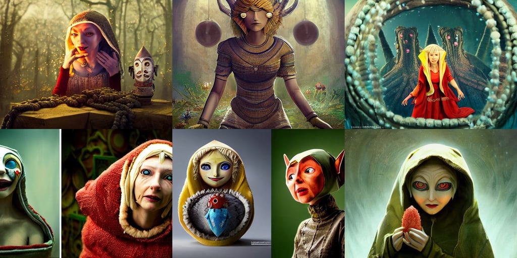 matryoshka Life Of Pi movie character, long tongue and round teeth appearing from sandy coral, nier automata, thirtysomething Galadriel (Cate Blanchett) as a queen of elves, magic the gathering artwork, byTim White, machinery and nature fighting, peter mobrhacher, professional photography