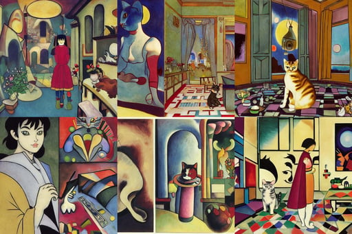 A little cat in a mansion, art by Tiziano Vecellio Di Gregorio, and Shinkai Makoto, Wide-angle shot, art by Domenikos Theotokopoulos, art by Wassily Kandinsky