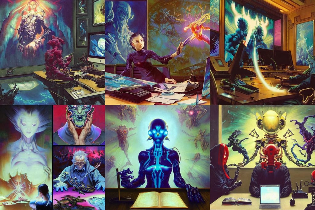 Cybernetic cloaked being concept design, oil canvas, abstract expressionism painting, by frank frazetta and thomas kinkade and ilya kuvshinov and hayao miyazaki, sitting at desk at keyboard, symbolist, art by artgerm and mark ryden and alphonse mucha, the room filled with colorful magic, gouf evangelion, art by leon tukker, ultrahd, portrait design, composition by yoshitaka amano, 8 k painting by greg rutkowski, model movie poster hollywood, beautiful simplified form dancing with turbulent movement, scarry, ultra photorealistic, wikiart, anime maids riding early tanks, soft neon lights