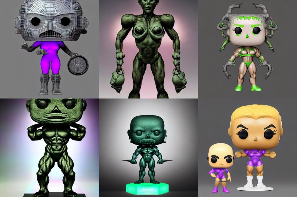 full body 3 d render of bodybuilder girl as a funko pop!, kathi langley, pale green backlit glow, realistic military carrier, award - winning realistic sci - fi concept art by beksinski, electric visions in nightmares, black and violet costume. Detailed, jahbu art ancient, horizontal symmetric, demonic symbols, artgerm trending on artstation by Edward Hopper and Dan Mumford and WLOP and Rutkovsky