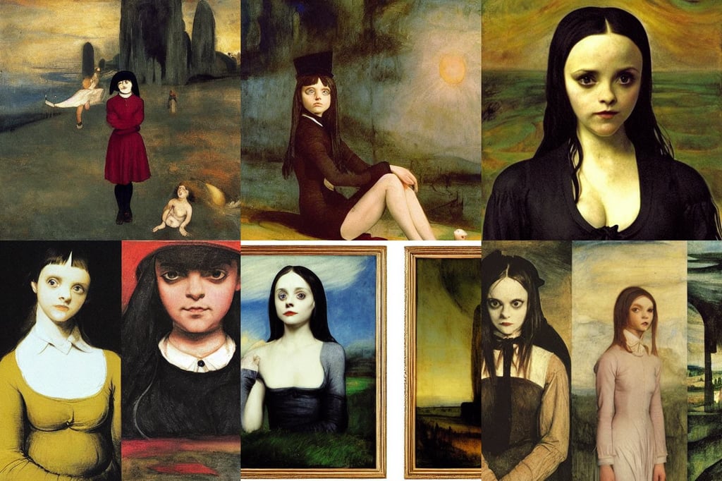 Christina ricci as Wednesday Adams, art by Joseph-mallord William Turner, art by Joan Miró, detailed, art by Andrea Mantegna, art by Caspar David Friedrich