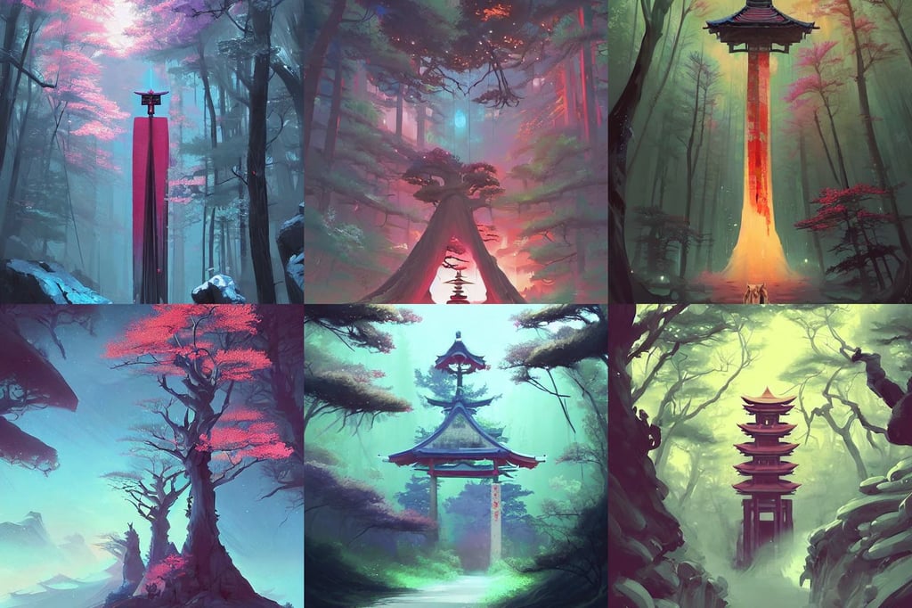 Japanese Torii in a colorful moutain with beautiful trees, digital art painting by greg rutkowski, beth cavener, cyberpunk concept art by pete mohrbacher and ilya kuvshinov and guweiz and josan gonzales and wlop, Deviantart, in a bedroom!!!!!!!!!, paint smears, cosmic horror illustration, photography, strong and powerful confident angle artgerm, fractal fire background, waters flowers, James Jean!, very nostalgic, beautiful sculptured face, by DULK, art by salvador dali