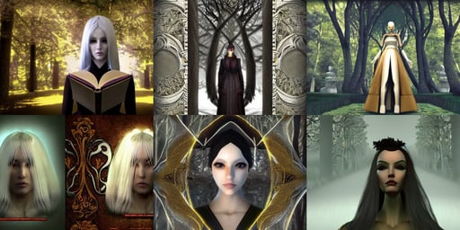 symmetry!! alice, srasa, luminist and baroque style, white beard, daz 3d, trees holding books, dark forest background, the force, finely detailed perfect face