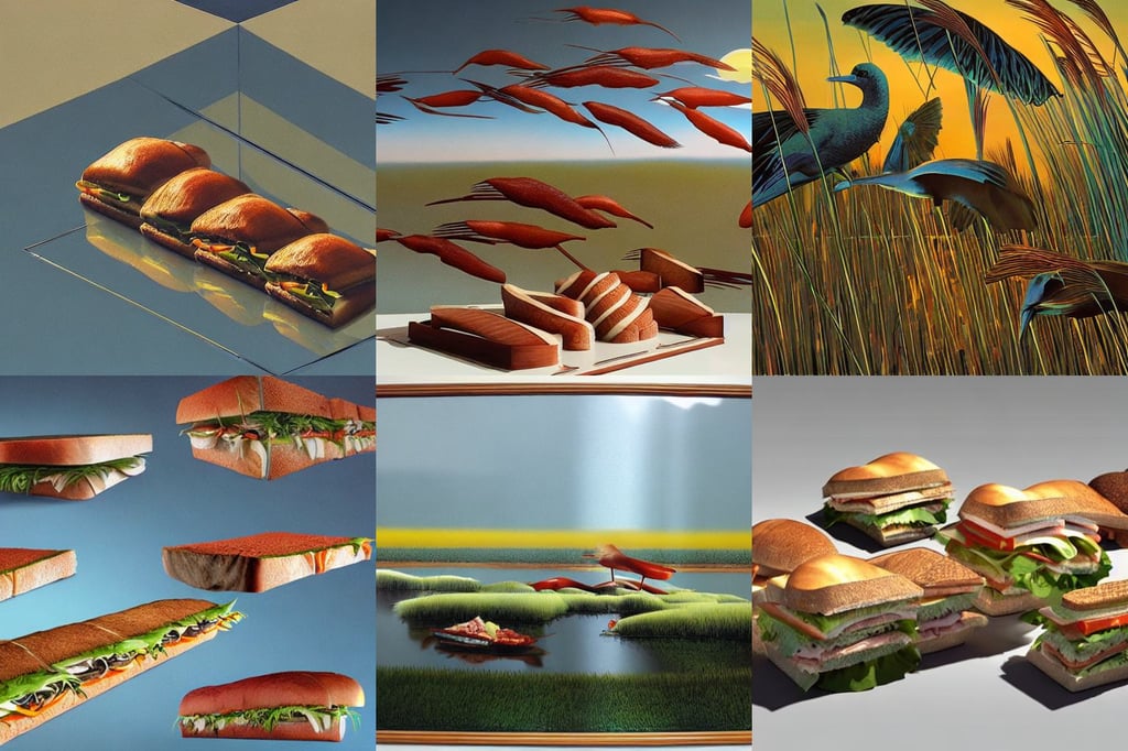 a flock of sandwiches, syd mead and mark brooks, 3 d sculpture, sun rays, patches of wetland with red reeds