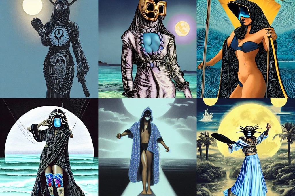 a black and white drawing of a woman holding a surfboard, light blue cleric robe with golden embroidery, sunrays, mf doom rapper madvillain gladiator mask, moon in background!!, gogo dancer, incredible art by Artgerm and Vincent di Fate, fantasy sea landscape, vaporwave lighting style, by jheronimus bosch and klimmt and greg rutkowski