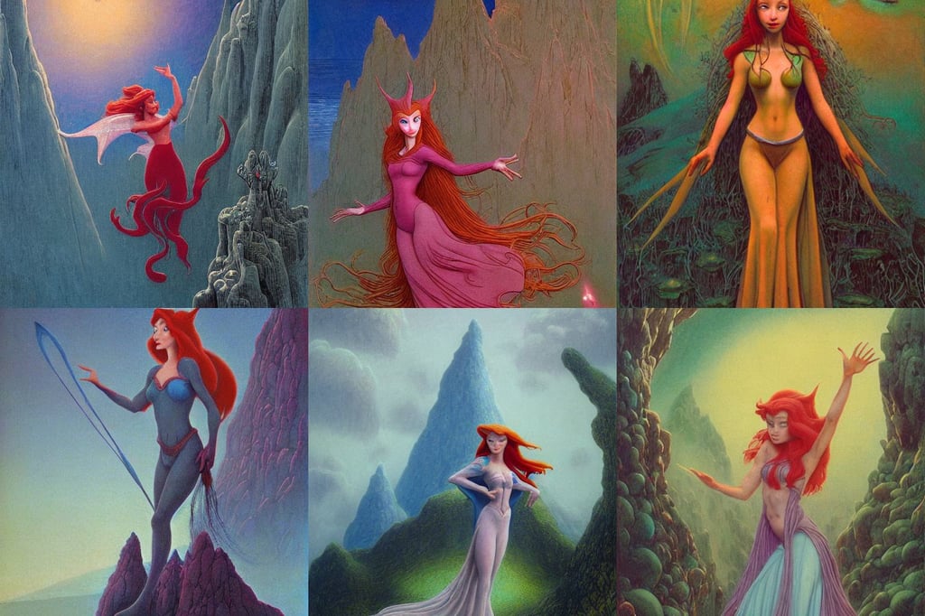 portrait of disney ariel, mountain!!!!!!!!!! summit, street art, concept art by beksinski and jean delville, dangerous young Galadriel (Cate Blanchett) as a queen of elves, combat warrior fantasy bikini, Johnson Ting