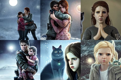 Ellie from the Last of Us hugging a British blue shorthair cat, at snowy fuji mountain fallen night, ultra - realistic, beautiful Anna Kendrick supervillain Enchantress, y 2 k, using magic, pretty stella maeve witch doing black magic, scifi robot repair workshop, olive skin and a raised fist, bright moonlight, beautiful portrait of a very funny actor tom cruise playing with ginger red big monkey