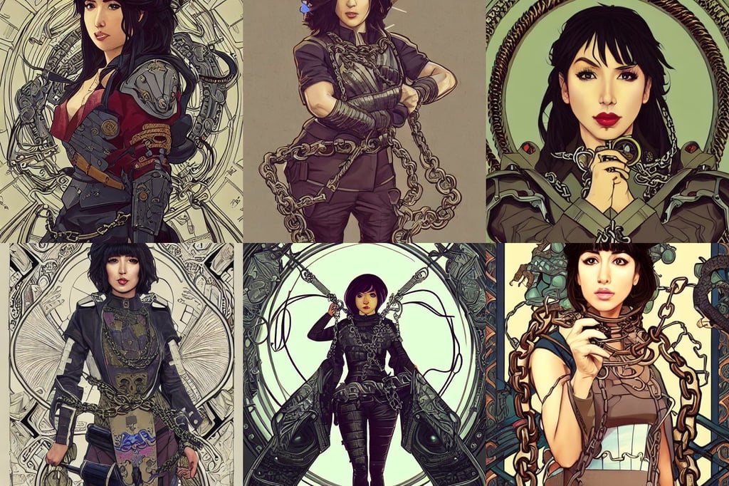 portrait of Jackie Cruz as a detective, lineart, anime!, lizard prophet, ornate iron armour, a fine art painting, in the style of artgerm and greg rutkowski and alphonse mucha, THE SAMURAI  IS WRAPPED IN CHAINS